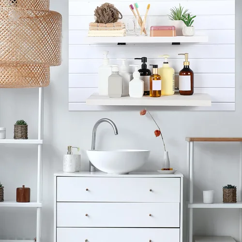 Miniatura 7 de Landical Juego de 4 estantes flotantes de madera para pared, estantes de pared de listones blancos con ganchos de metal, accesorios para sala
