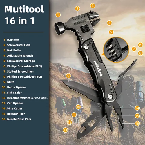 Miniatura 2 de HANSHI Llave Inglesa Ajustable Multiherramienta Martillo para Supervivencia, 16 en 1 Alicates Multiherramientas con Funda de Nylon, Navaja