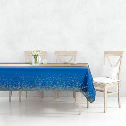 Miniatura 7 de WDF Paquete de 16 manteles de plástico azul real y dorado con caminos de mesa, manteles rectangulares de 54 x 108 pulgadas, caminos de satén de 12 x