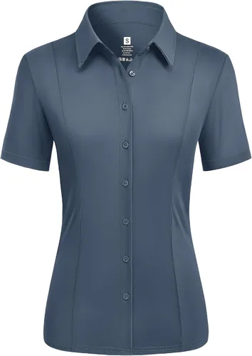 Miniatura 11 de Camisas con botones para mujer, elásticas, de manga corta, con cuello, sin arrugas, básica, de negocios, blusa de trabajo