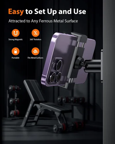 Miniatura 2 de Stouchi Soporte magnético para teléfono de gimnasio, ajustable en 360° [imán doble N55], accesorios de gimnasio para mujeres/hombres, todo de metal