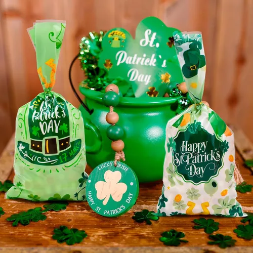 Miniatura 6 de 160 piezas de 4 estilos de bolsas de dulces de celofán del Día de San Patricio con lazos de torsión, diseños de trébol y duende, bolsas de golosinas