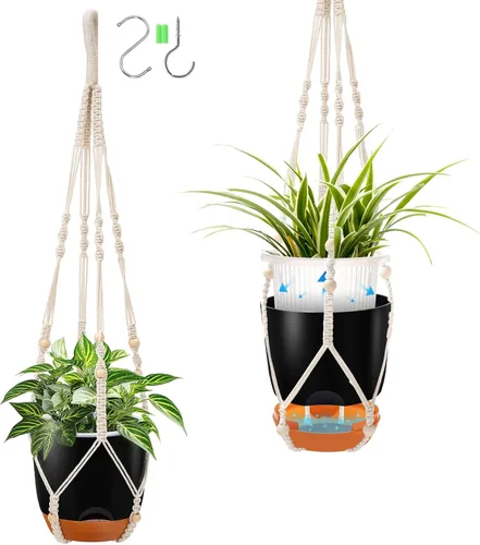 Paquete de 2 macetas colgantes de riego automático de 7.2 pulgadas para plantas de interior y exterior, macetas colgantes de macramé de 34 pulgadas
