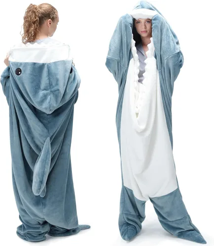 Miniatura 11 de Touchat Manta de Tiburón, Disfraz de Enterizo para Adulto, Manta Suave y Acogedora de Franela con Dibujos de Animales para Cosplay, Manta con Azul
