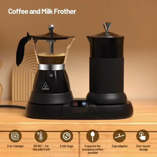 Miniatura 4 de Máquina de Espresso Eléctrica con Espumador de Leche 2 en 1 Eficiente Cafetera Moka de Aluminio con Operación de Un Toque para Cappuccinos, Café