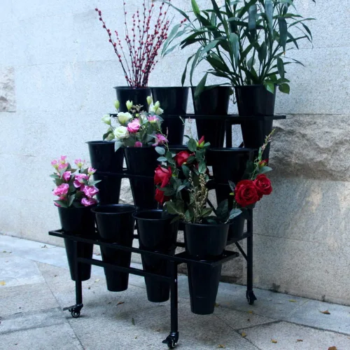Miniatura 9 de Zhongma Soporte móvil para plantas con ruedas, carrito de jardín resistente, estante de flores con 12 cubos de plástico para flores frescas