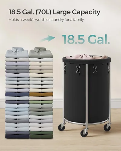 Miniatura 3 de SONGMICS Cesta de lavandería de 18.5 galones (70 L) con ruedas, cesta de lavandería redonda con marco de acero y bolsa extraíble, 2 ruedas de Tinta
