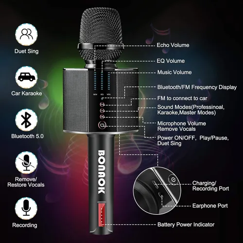 Miniatura 6 de BONAOK - Micrófono de karaoke, inalámbrico Bluetooth portátil para adultos y niños, para automóvil, hogar, al aire libre, fiesta, máquina de karaoke