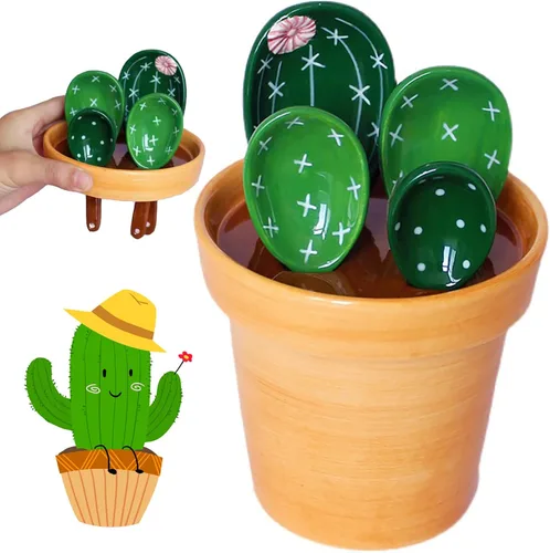Juego de cucharas medidoras de cactus en maceta, lindas cucharas y tazas medidoras de cerámica, cuchara para cactus de cocina con soporte, tazas