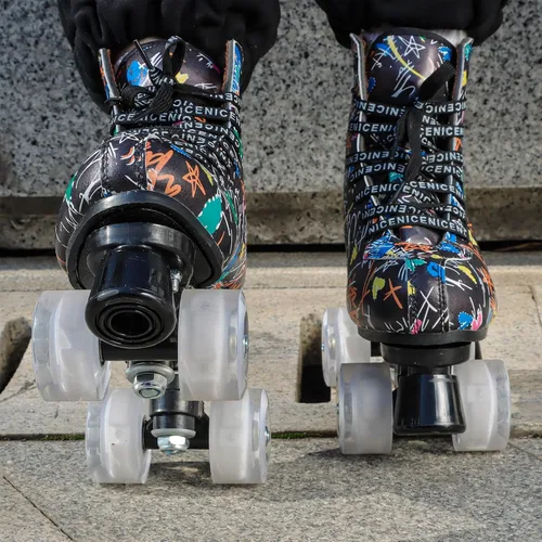 Miniatura 4 de Patines de ruedas para hombres y mujeres, patines Derby negros con 4 ruedas brillantes, patines clásicos de doble fila para interiores y exteriores