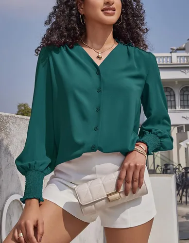 Miniatura 2 de Aifer Blusa para mujer, manga larga, elegante, casual, cuello en V, con botones, blusas 2024