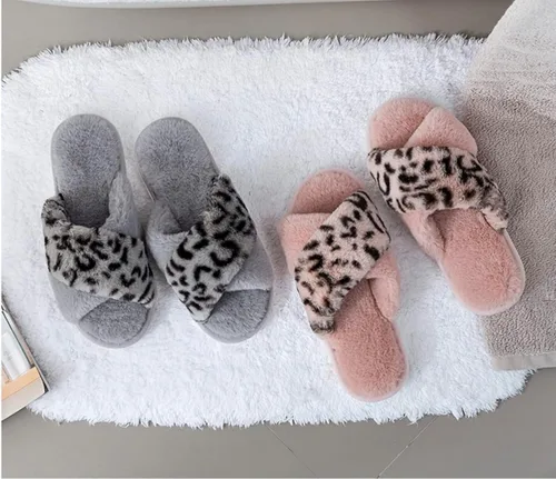 Miniatura 4 de AyAy - Pantuflas peludas con banda cruzada para mujer, para casa, esponjosas, cálidas, de invierno, dormitorio, espuma viscoelástica