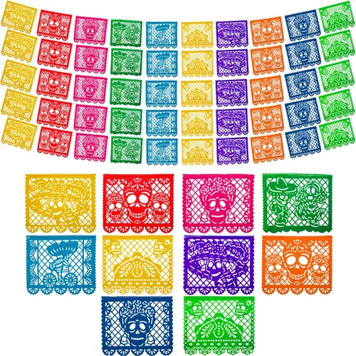 Miniatura 2 de Pancartas de fiesta mexicana (paquete de 5, 10 diseños de banderas de plástico por bandera) + piñata mexicana (grande de 32 pulgadas), pancarta