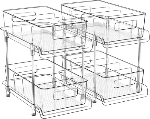 HIHEGD Organizador de baño de 2 niveles con divisores, organizador transparente para debajo del fregadero y armario extraíble para almacenamiento de