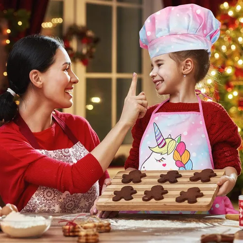 Miniatura 6 de Vanmor Juego de cocina y hornear de unicornio para niños, 11 delantales para niñas, sombrero de chef y delantal rosa, guante y utensilio