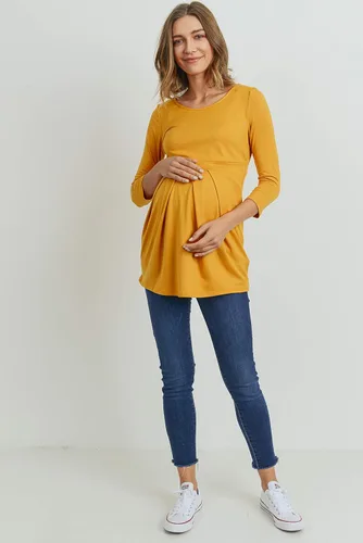 Miniatura 13 de LaClef - Blusa de maternidad para mujer, cuello redondo, manga 3/4, plisada al frente, estilo peplum