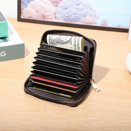 Miniatura 6 de Funda organizadora para tarjetas de crédito, cartera compacta de seguridad con cremallera pequeña, Marrón, Estuche para tarjetas