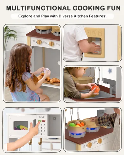 Miniatura 5 de Babytronic Cocina de Juego para Niños, Set de Cocina de Madera para Niños de 3+ Años con Luces Reales, Sonidos, Estufa, Fregadero, Horno, y 30 Blanco