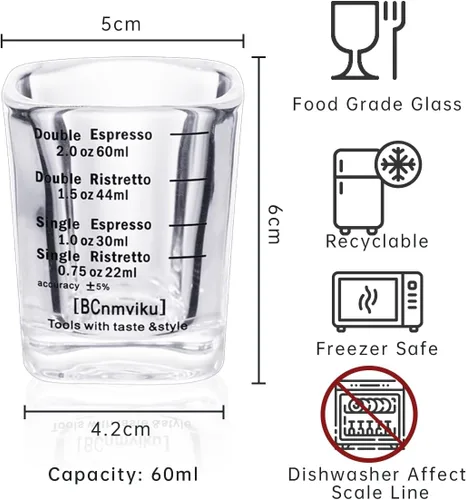 Miniatura 3 de BCnmviku -Vasos corto, taza medidora, taza de espresso, Líquido, vidrio pesado, vaso de vino 2 juegos de 26, para medición gradual 1 onza, 6 BC01