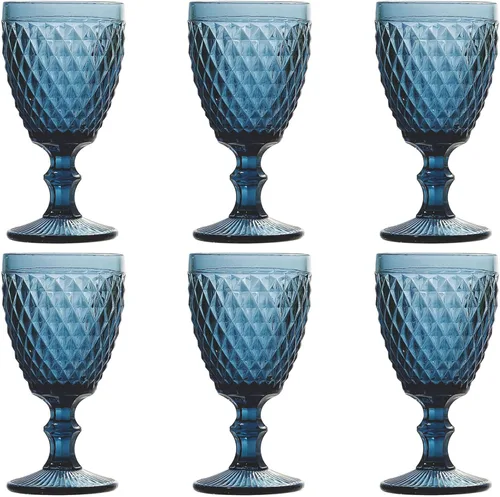 Taganov Juego de 6 copas de vino azules de colores, cristalería vintage en relieve, 10 onzas, bonita taza de tallo de agua para boda, fiesta, bar