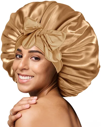 Miniatura 34 de Gorro de satén de seda para dormir con banda ancha para cabello rizado, color rosado oro rosa claro