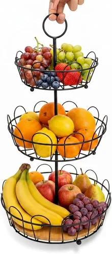 Miniatura 7 de HANZE Soporte de cesta de frutas de granja de 2 niveles, estante de almacenamiento de encimera de frutas y verduras, multifuncional, desmontable