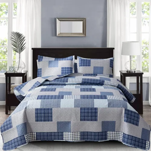 Miniatura 9 de Juego de ropa de cama a cuadros marrón y negro, 3 piezas, tamaño queen, colcha con estampado de parches a cuadros, cubrecama reversible, decoración