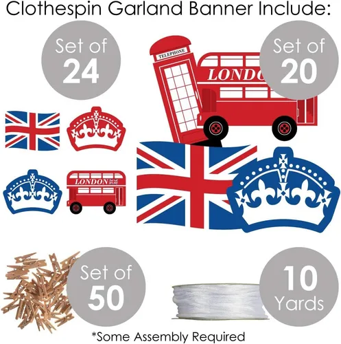 Miniatura 4 de Big Dot of Happiness Cheerio, Londres – Decoración de bricolaje para fiestas británicas del Reino Unido, guirnalda de pinzas para la ropa, 44 piezas