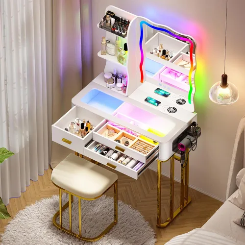 Miniatura 12 de Lvifur Escritorio de tocador 3 en 1 con espejo y luces, mesa de tocador de maquillaje con taburete acolchado, mesa de tocador compacta y escritorio
