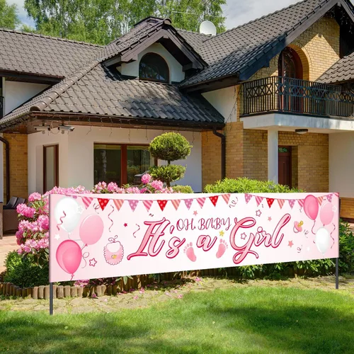 Miniatura 6 de Cartel con texto en inglés "It's a Girl", decoración de baby shower, horizontal de tela rosa, grande, de tela grande, con texto en inglés "It is a