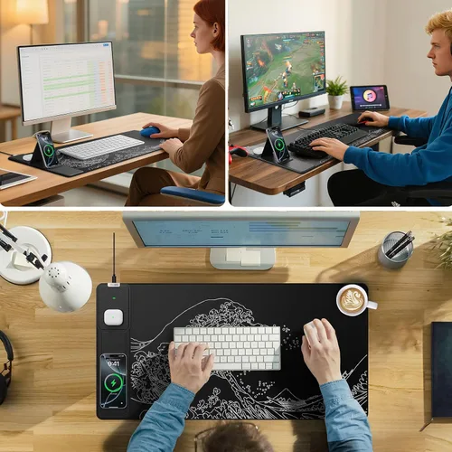 Miniatura 4 de Wireless Charging Mouse Pad with Foldable Phone Holder, 31.5"x15.8" Large Desk Mat for Laptop/Keyboard, Waterproof Ultra-Smooth Surface, Non-Slip