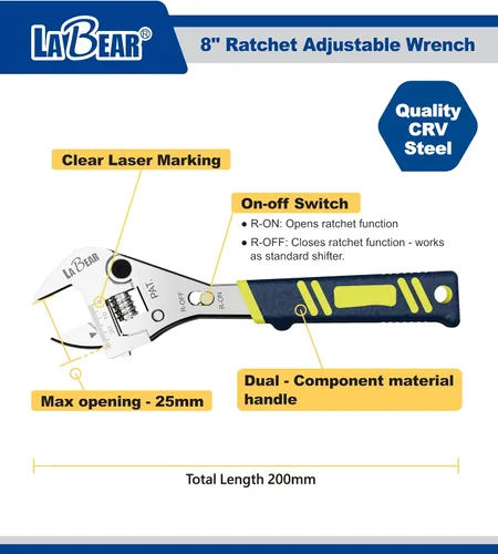 Miniatura 2 de LABEAR - Llave de trinquete ajustable de 8 pulgadas, llave ajustable de acero CR-V de 1 pulgada/0.984 in de ancho con selector de trinquete