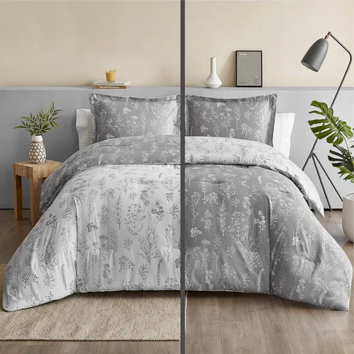 Miniatura 3 de Bedsure Juego de edredón de tamaño King, color gris, lindo, floral, regalo para mujer, 3 piezas, 1 suave edredón reversible con flores y 2 fundas