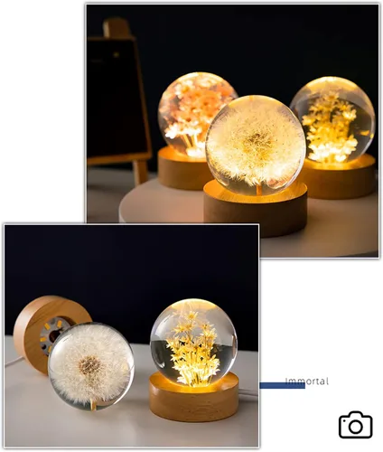 Miniatura 2 de Luz nocturna de bola de cristal de flores, lámpara de noche de bola de vidrio de 2.4 pulgadas con base de madera (diente de león)