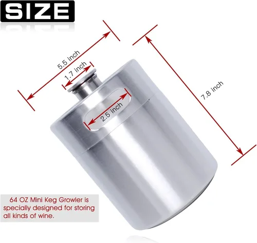 Miniatura 2 de Mini barril Growler, 64 oz de acero inoxidable 304 de 64 onzas, con tapa de perilla de sello, para el hogar, cocina, cerveza, cerveza (2L)