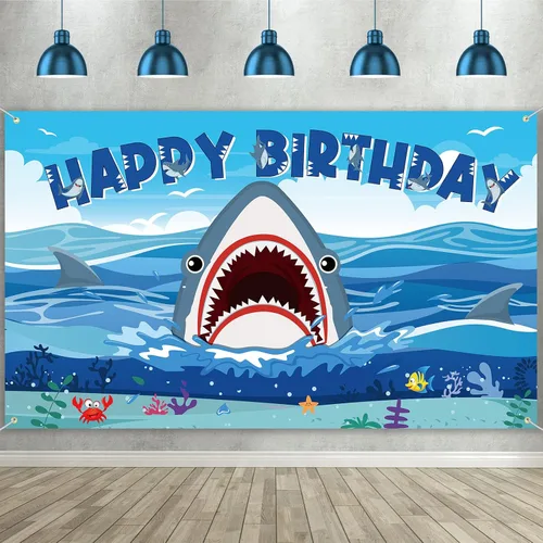 Tatuo Cartel de fondo de cumpleaños de tiburón, decoraciones de cumpleaños de tiburón, fondo de fotografía de zona para niños y niñas, suministros