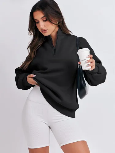 Miniatura 9 de ANRABESS Sudadera de manga larga para mujer, de gran tamaño, con media cremallera, sudadera con capucha Y2K, ropa de otoño a la moda