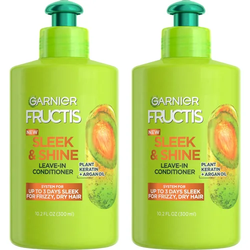Garnier Fructis Sleek & Shine Crema acondicionadora sin enjuague para cabello encrespado y seco, queratina vegetal + aceite de argán, 10.2 onzas