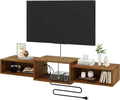 Miniatura 11 de IBUYKE Soporte flotante para TV montado en la pared con toma de corriente, moderno estante de consola de madera montado en la pared, centro