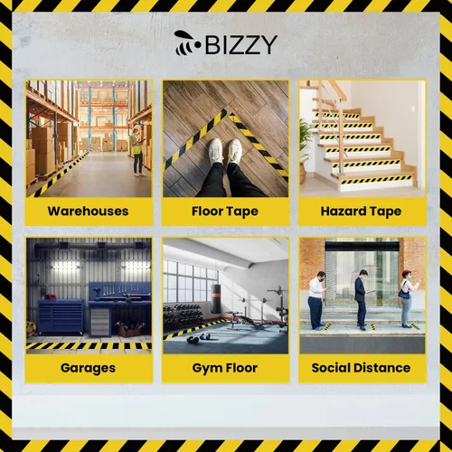 Miniatura 3 de Bizzy Cinta de seguridad negra y amarilla de 2 pulgadas x 108 pies industrial Cinta de precaución amarilla y negra para piso, cinta de cuidado