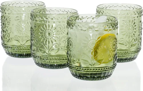 Vintage Botanist - Juego de 4 vasos de cristal verde decorativo en relieve floral de lujo, 4 pulgadas, 12 onzas