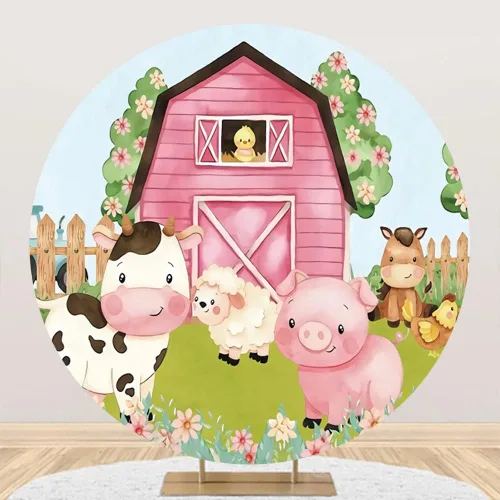 Yeele Fondo redondo de dibujos animados de animales de granja de 6.5 x 6.5 pies para niños, granero rosa, granero, animales, vacas, cerdos, corral,