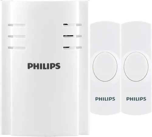Kit de timbre inalámbrico Philips, receptor enchufable, 2 pulsadores, 8 melodías, 4 niveles de volumen, rango de 150 pies, color blanco, DES2280W/27