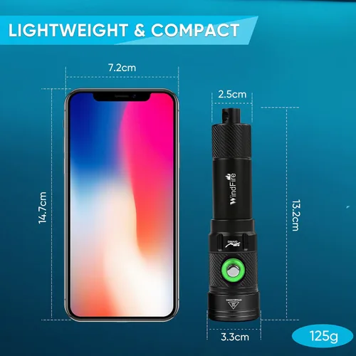 Miniatura 2 de Linterna de buceo WindFire, linterna impermeable para buceo 262 pies bajo el agua, linterna recargable para snorkel con 4 modos y indicador