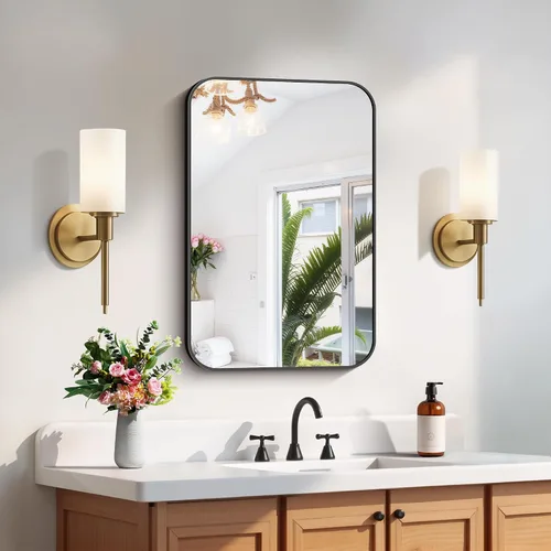 Miniatura 7 de FORBATH - Espejo de baño negro para sobre lavabo, espejo de pared de 16x24 pulgadas con marco de metal, esquinas redondeadas para baño, dormitorio
