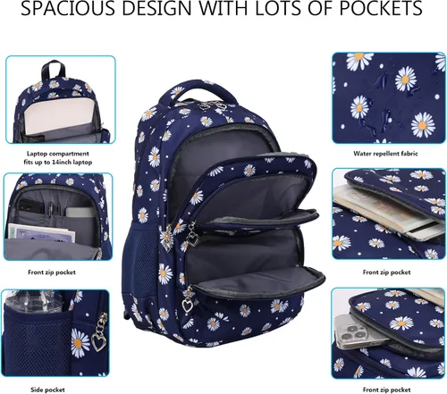 Miniatura 10 de goldwheat Mochilas impresas margaritas con paquete de almuerzo, estuche de lápices 3pcs, bolsa ligera resistente al agua para la escuela secundaria