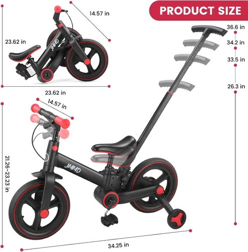Miniatura 8 de JMMD Bicicleta 6 en 1 para niños de 18 a 60 meses, bicicleta de equilibrio plegable de 12 pulgadas con ruedas de entrenamiento, pedales, frenos