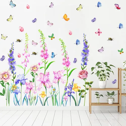 Miniatura 2 de KOKOLAP Adhesivo para ventana de flores de jardín, calcomanías de flores de iris para ventana, calcomanías de vinilo para pared de hojas verdes