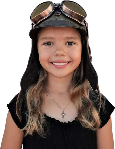 Sombrero de aviador para niños, cuero marrón real, disfraz, casco volador de piloto, sombrero steampunk para niños