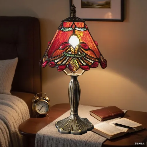 Miniatura 7 de Tiffany - Lámpara de mesa con perlas rojas, estilo barroco, vitral, luz de escritorio, pequeña lámpara de noche estilo Tiffany con bombilla LED